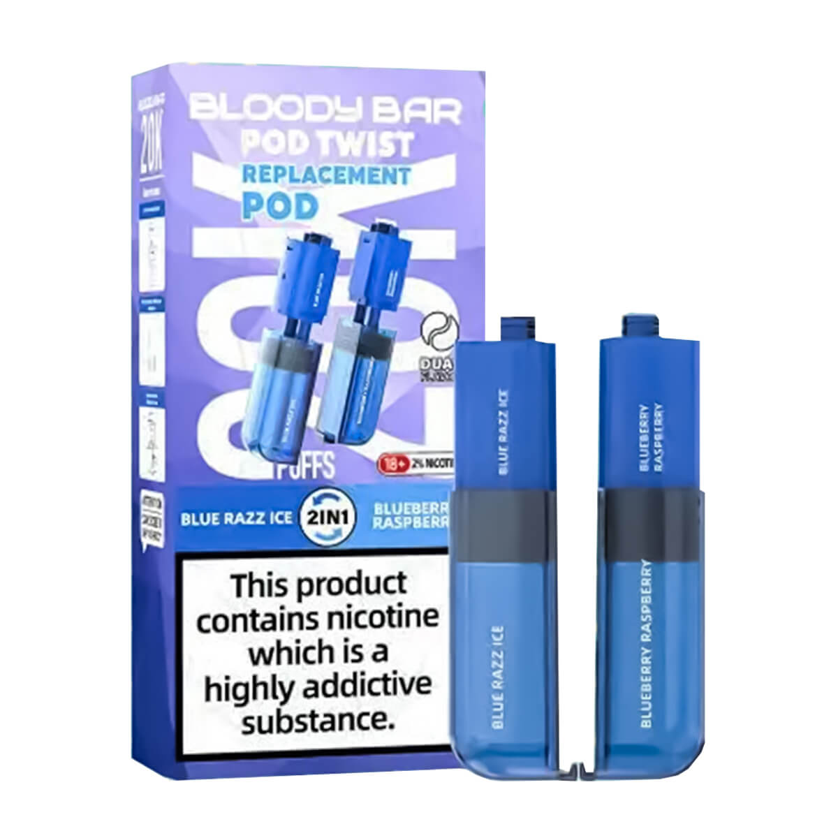 Bloody Bar Ultra Twist 20k Prefilled Pod + Refill Container Blue Razz Ice & Blueberry Raspberry