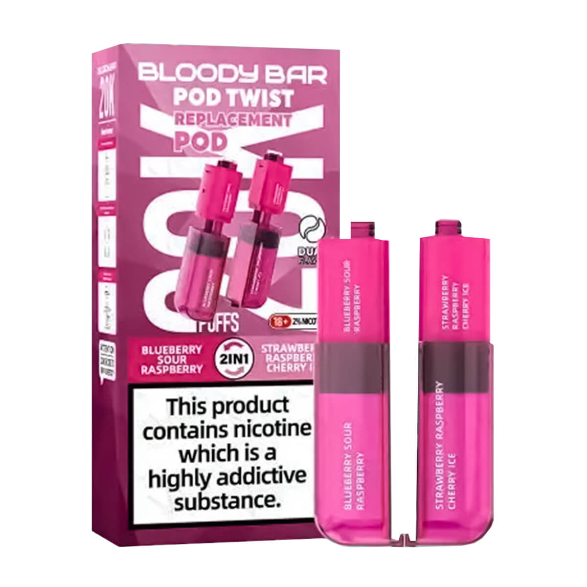 Bloody Bar Ultra Twist 20k Prefilled Pod + Refill Container BLueberry Sour Raspberry & Strawberry Raspberry Cherry Ice