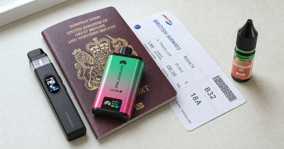 Vape kits, a 10ml nic salt bottle, a UK passport and a boarding pass ready for hand luggage